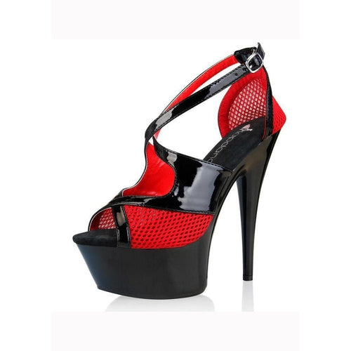 Lapdance Shoes Black And Red Platform Sandals With Fishnet Panels And Criss Cross Straps UK 5