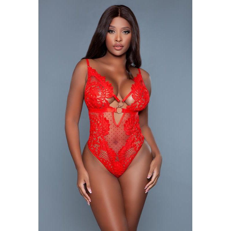 Olivia Lace Thong Bodysuit With Polka Dot Print - Red