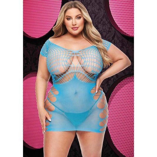 SEXY FISHNET AND LACE HALTER DRESS - NEON BLUE - Q