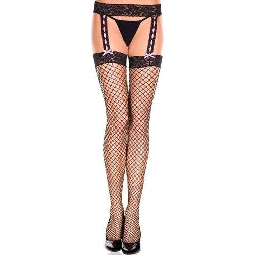 Lace garter belt with fishnet stockings and pink ribbon
