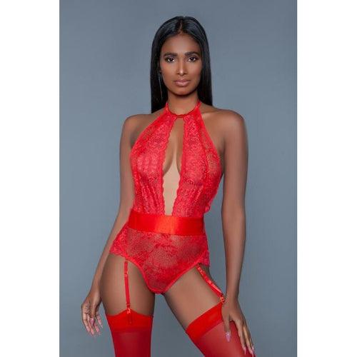 Ophelia Lace Garter Bodysuit - Red