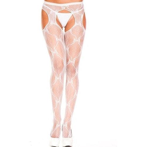 Tights With Open Crotch And Bow Print - White