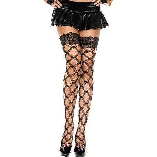 Unique Net Stockings With Lace And Silicone Top - Black