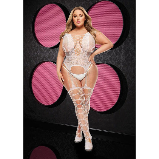 FISHNET AND LACE BODYSUIT WITH GARTERS - WHITE - Q