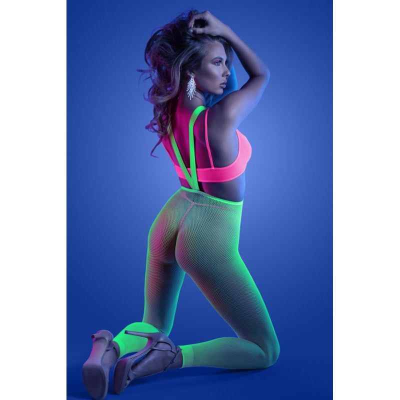 3pc Set - Bralette, G-string and Suspender Stockings - Neon Green