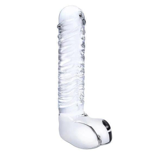 Glas Realistic Ribbed Glass G-Spot Dildo With Balls 8"