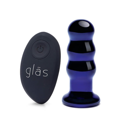Glas Rechargeable Remote Controlled Vibrating Beaded Butt Plug Blue 3.5"