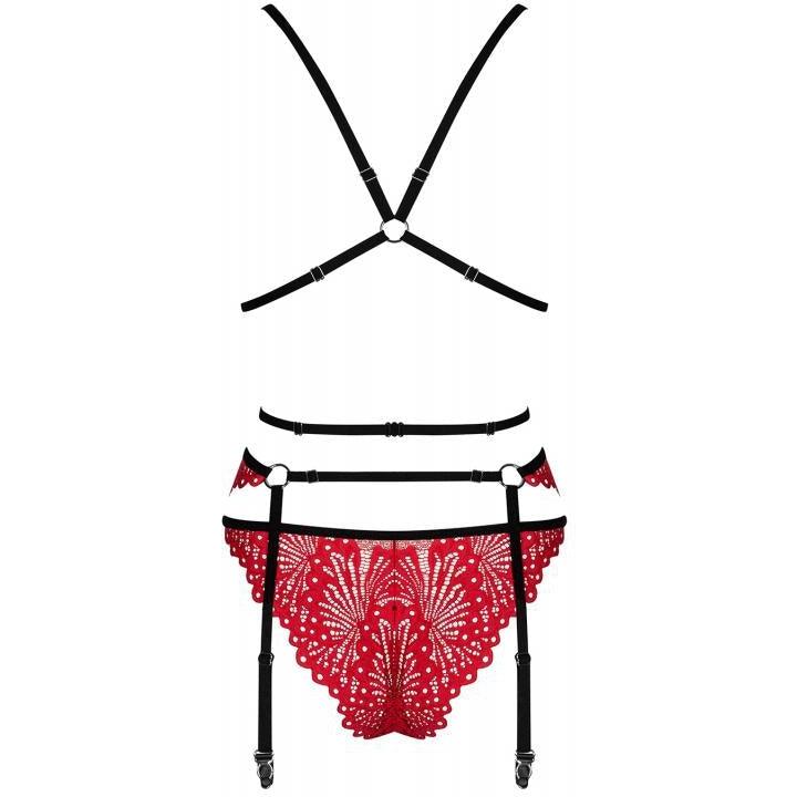 Mettia 3 Piece Lace Suspender Set - Black/Red