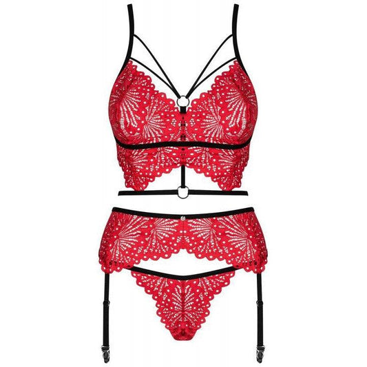 Mettia 3 Piece Lace Suspender Set - Black/Red