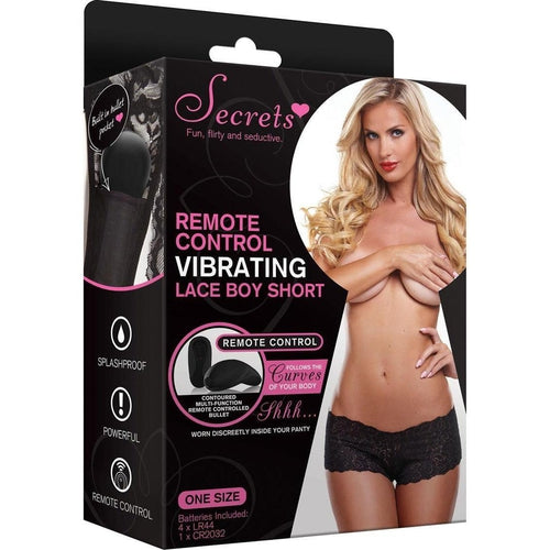 Secret Vibrating Panties Remote Controlled Lace Boyshort - Black