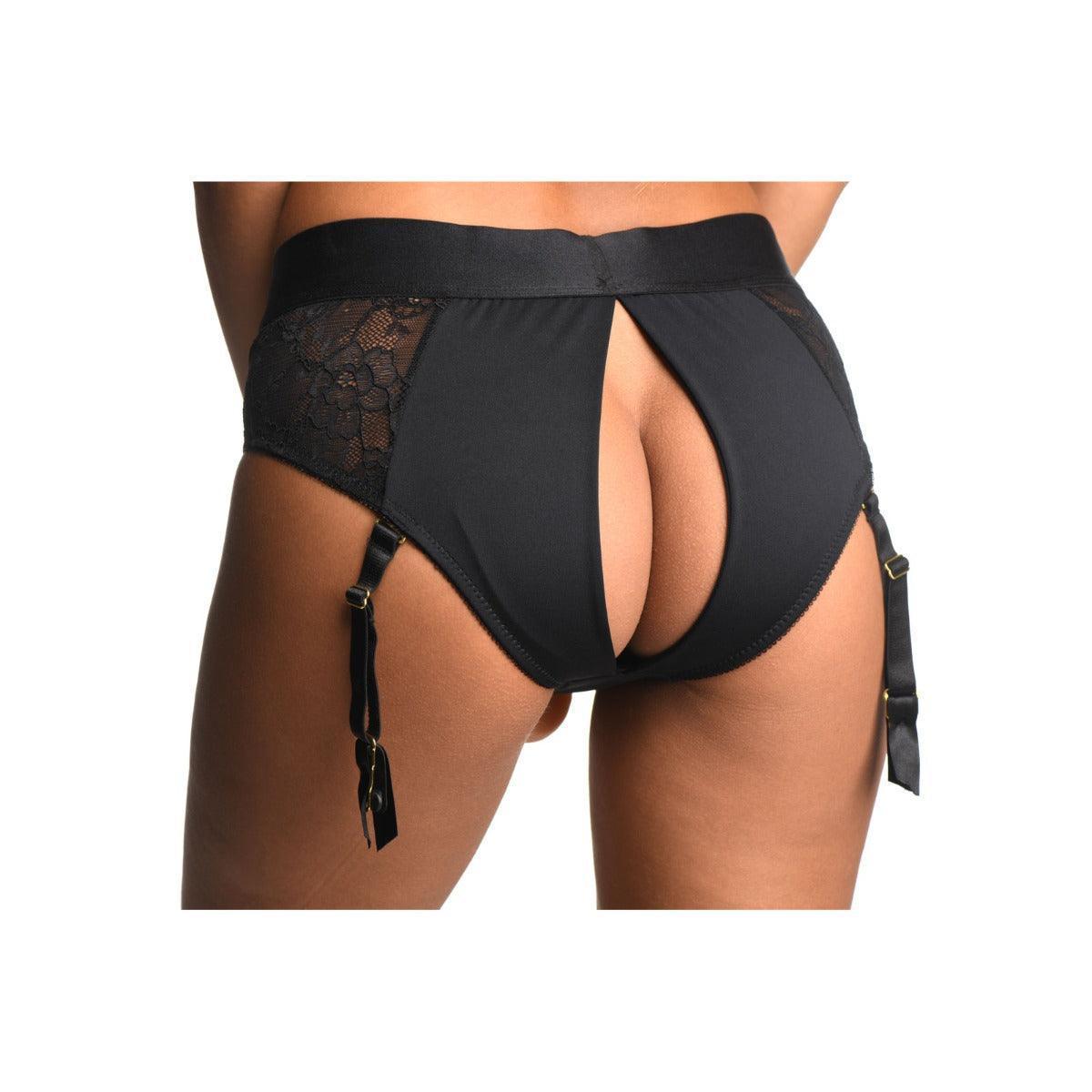 Strap U Laced Seductress L/XL Lace Crotchless Panty Harness w/ Garter Straps Black